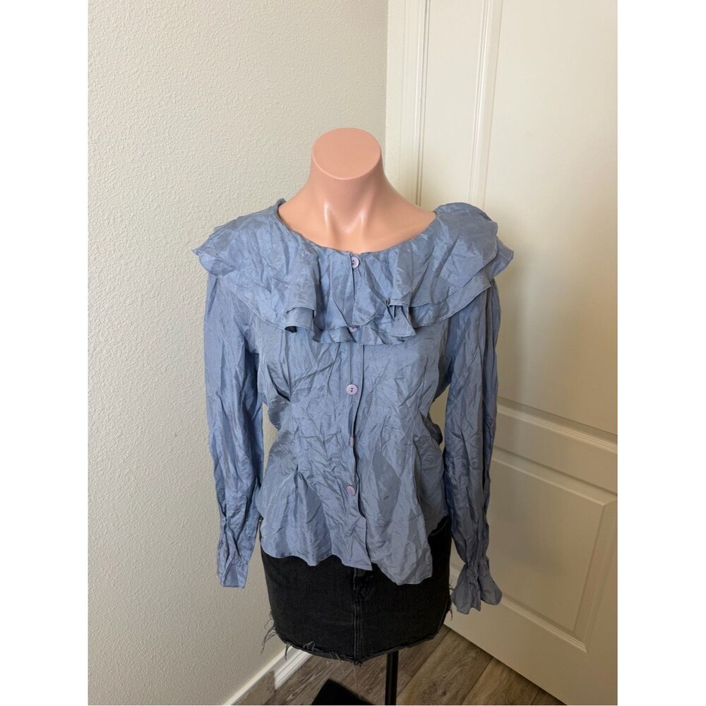 VTG Johnathan Martin Silk Light Blue Ruffle Collar Button-Front Women's Top Sz M
